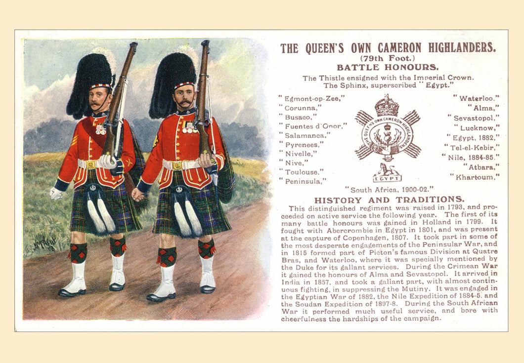 Postcard - The Queen's Own Cameron Highlanders (79th Foot) Battle Honours